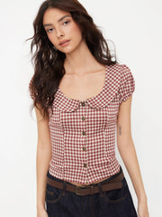 Red Gingham Peter Pan Collar Puff Sleeve Crop Blouse