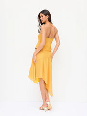 Chiffon Halter Neckline Flower Applique O-Ring Ruched Blouse
