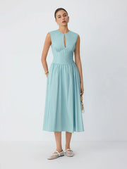 Cotton Sculptural Cut Out Pocket Ruched A-line Maxi Dress