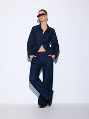 Washed Denim Low Rise Straight Leg Trousers
