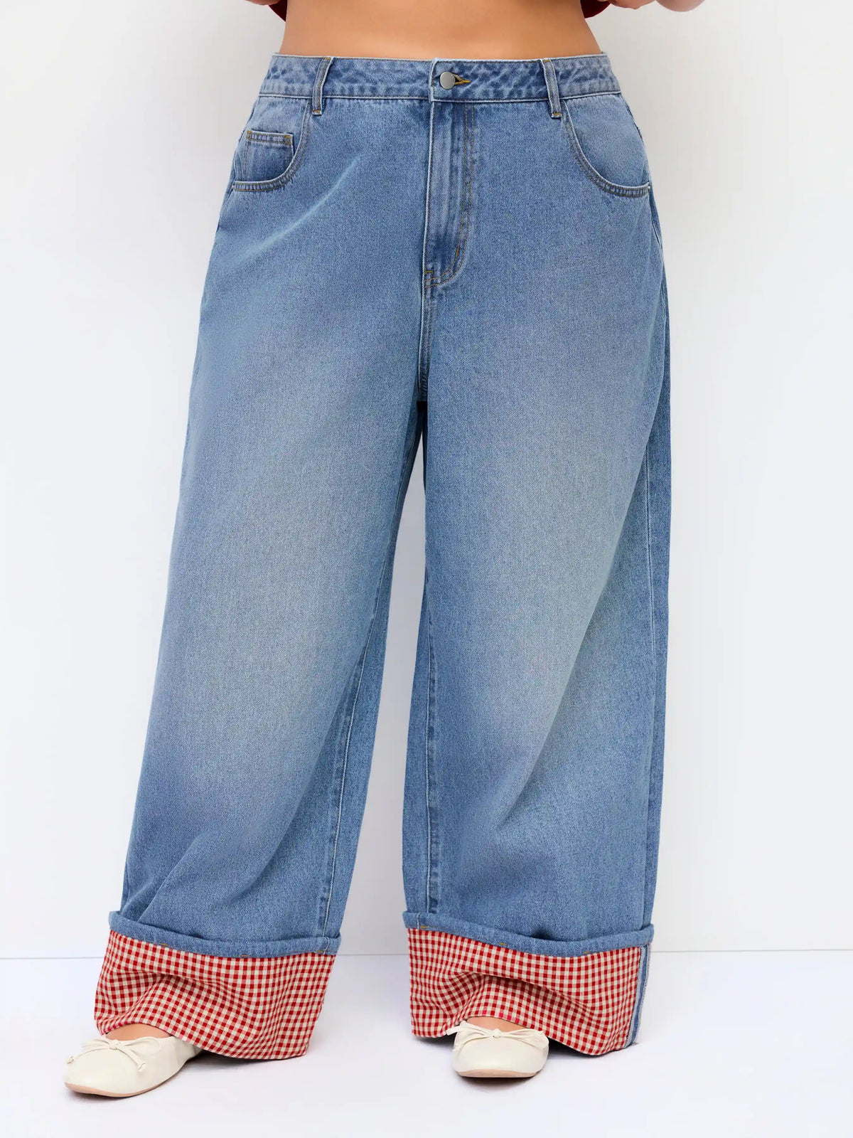 Washed Denim Gingham Wide Leg Jeans Curve & Plus