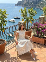 Sculptural Polka Dot Stand-Collar Flared Maxi Dress