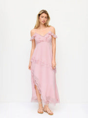 Chiffon V-neck Ruffle Sleeve Lace Panel A-line Maxi Dress
