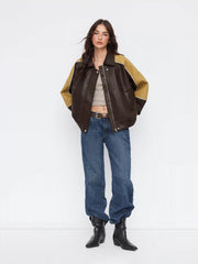 Faux Leather Collar ColorBlock Oversized Jacket