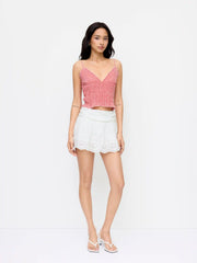 Gingham V-Neck Shirred Ruffled Cami Top