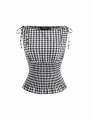 Cotton-blend Boat Neck Gingham Shirred Lettuce Trim Knotted Tank Top