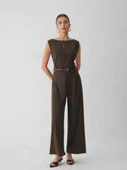 Boat Neck Mid Rise Straight Leg Jumpsuit With Belt