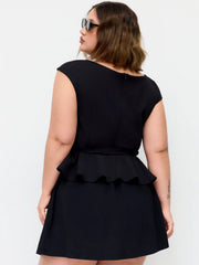Boat Neck Belted Ruffle Hem Metal Detail Peplum Crop Top Curve & Plus