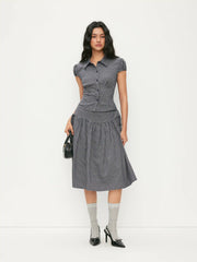 Gingham Top & Low Rise Drawstring Ruched Midi Skirt Set