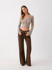 Stretch Washed Denim Low Rise Raw Hem Flared Jeans