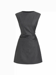 Striped Round Neckline Ruched Tie Back A-line Mini Dress