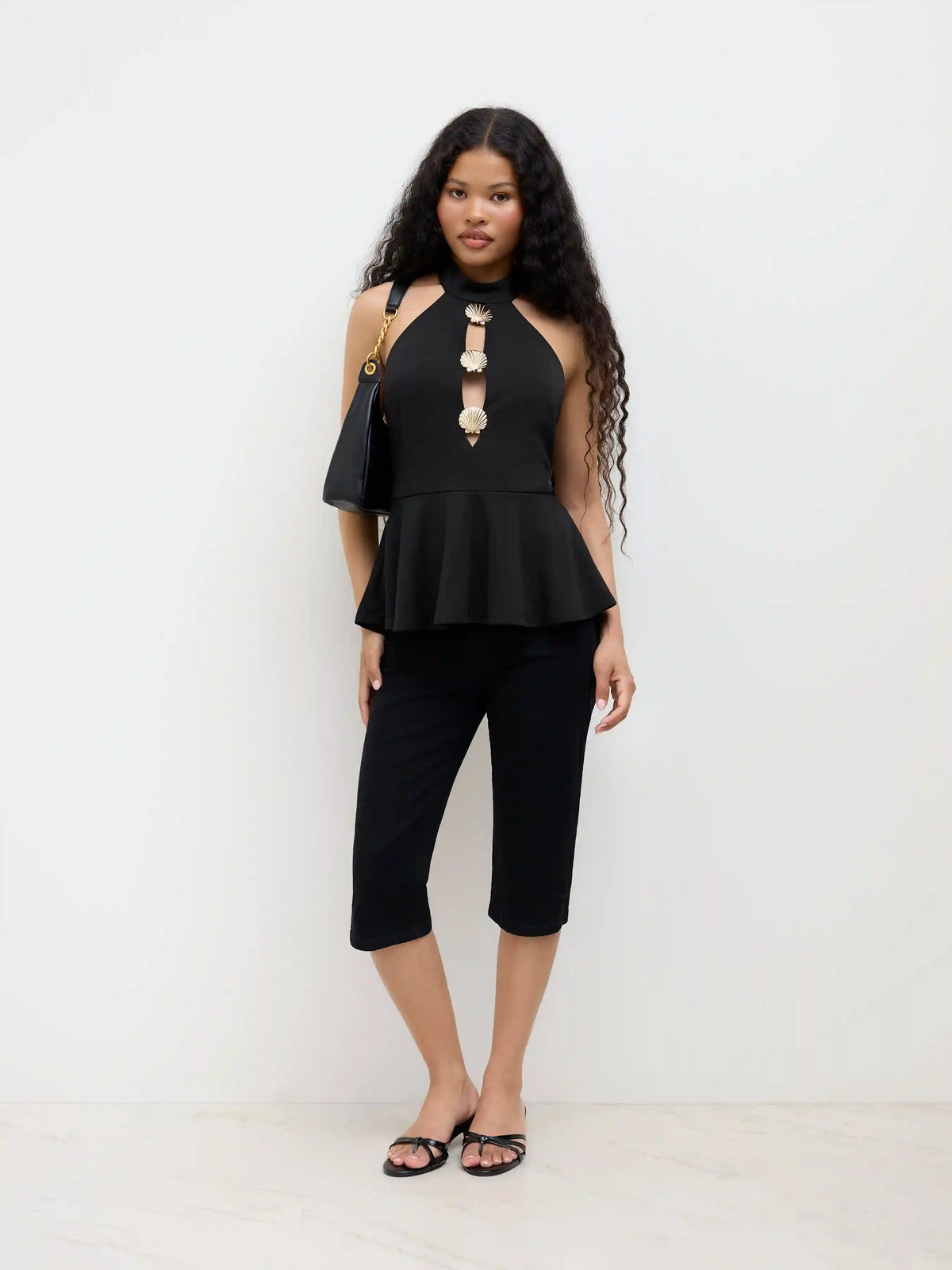 Halter Neckline Shell Metal Detail Ruffle Hem Top