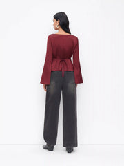 Satin Boat Neck Bell Sleeve Blouse