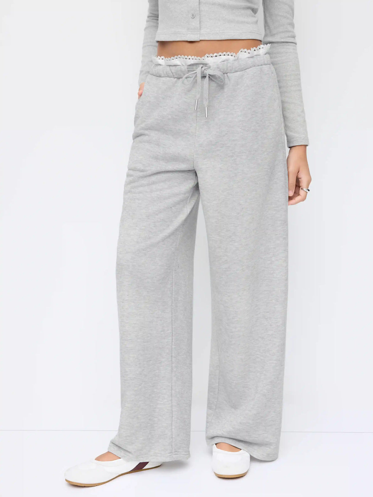 Lace Trim Mid Rise Drawstring Straight Leg Trousers