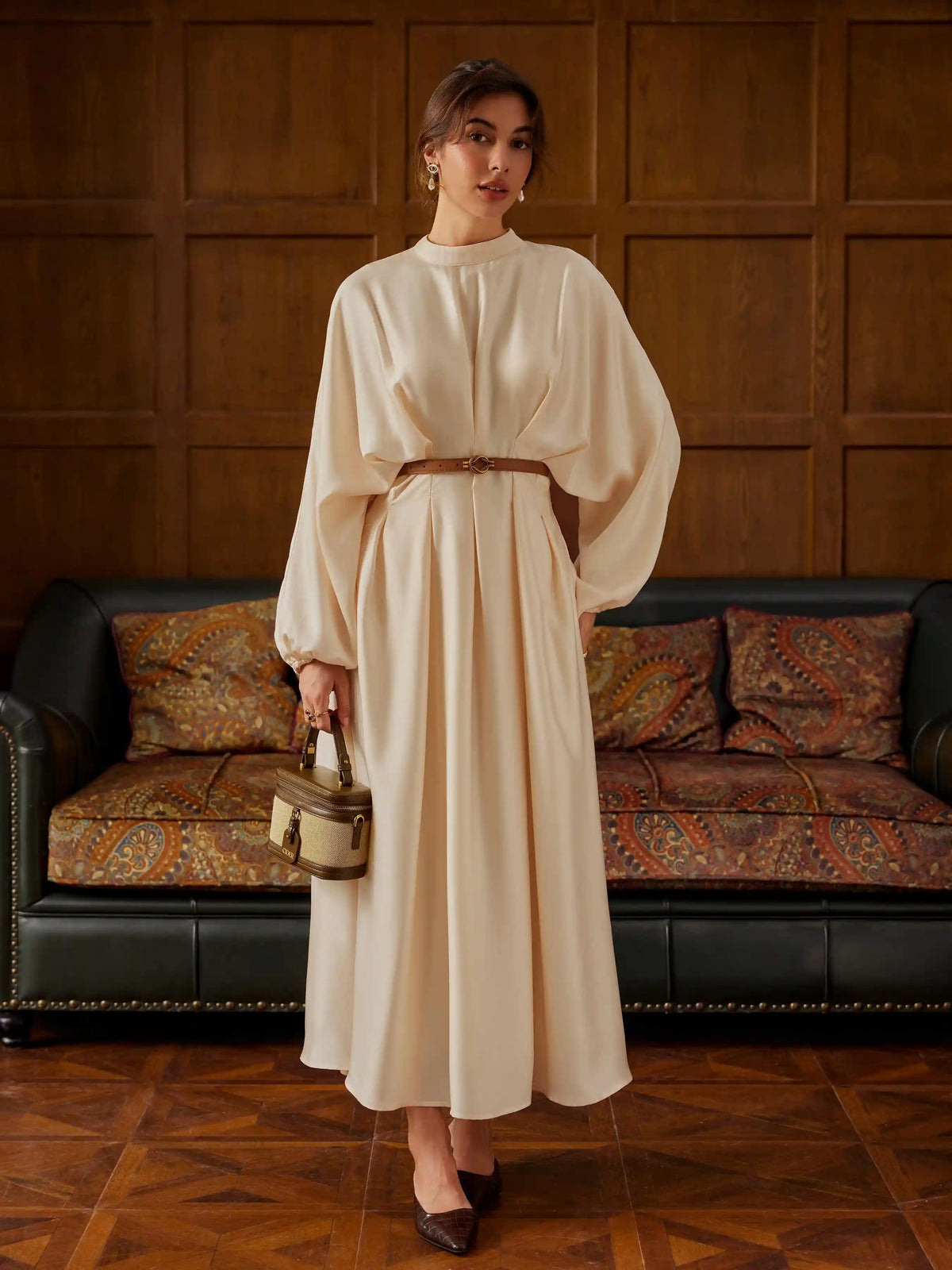 Stand Collar Pleated Cinched Waist Long Sleeve Maxi Dress