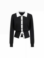 Knit Collar Button Two Tone Long Sleeve Cardigan