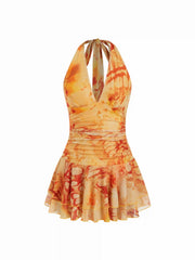 Mesh Abstract Halter Neckline Ruffled Low Rise A-line Mini Dress
