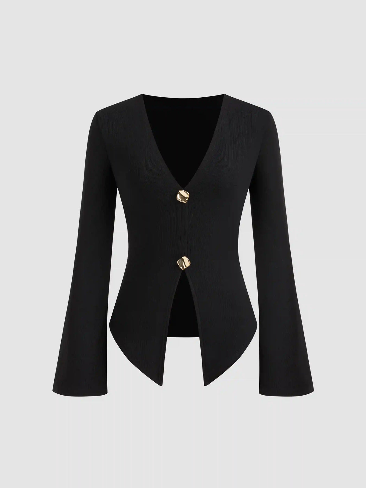 Cotton-blend V-neck Split Long Sleeve Top