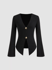 Cotton-blend V-neck Split Long Sleeve Top