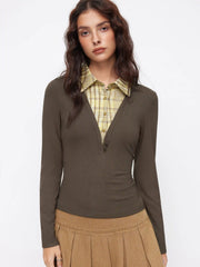 Cotton-blend Plaid Collar Long Sleeve Two Tone Top