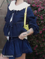 Denim Round Neckline Tie Front Ruffle Hem Jacket