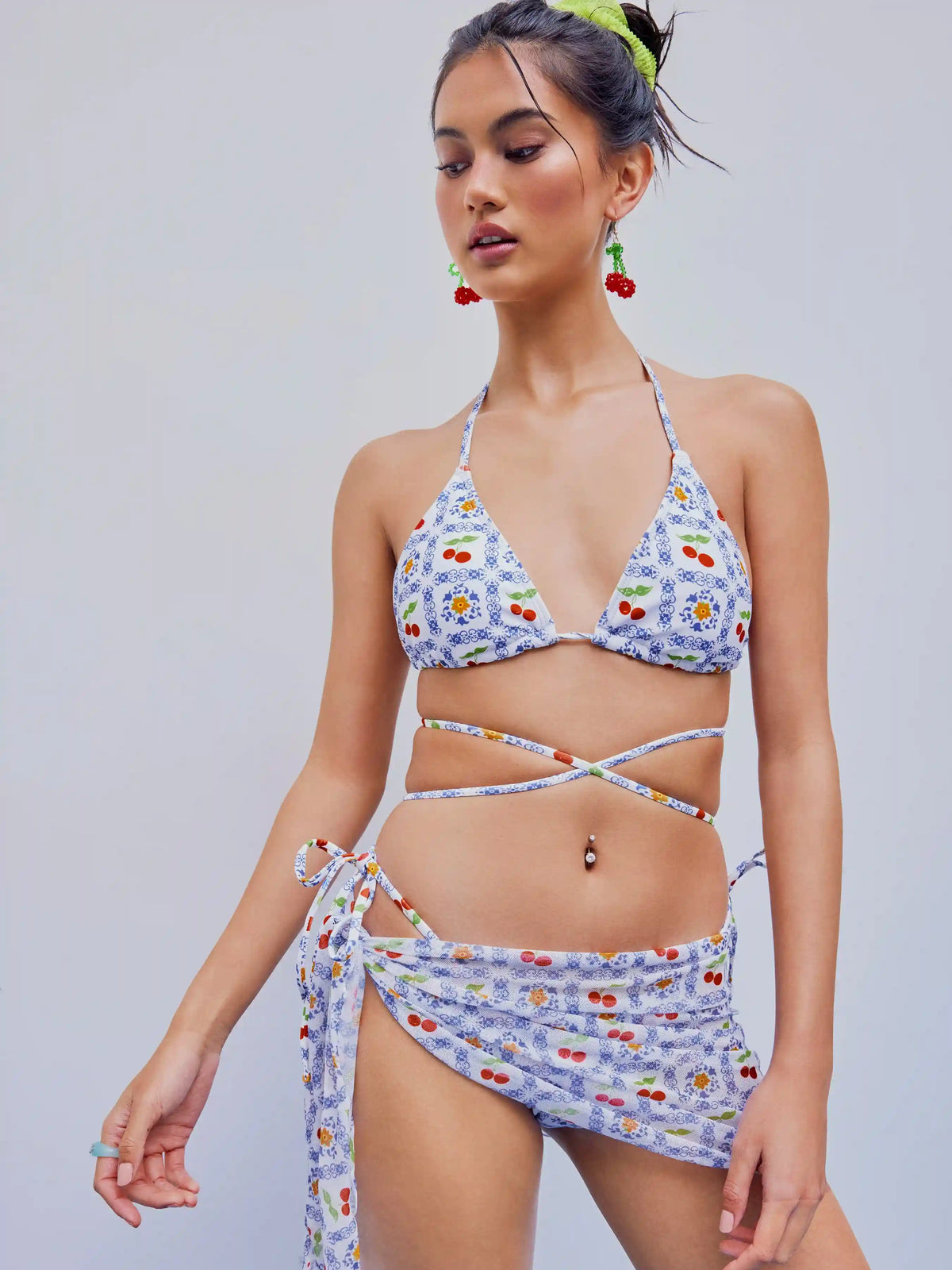 Halter Cherry Tie Side Bikini Swimsuit With Sarong
