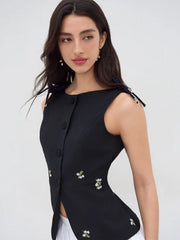Floral Embroidery Bowknot Blazer Vest