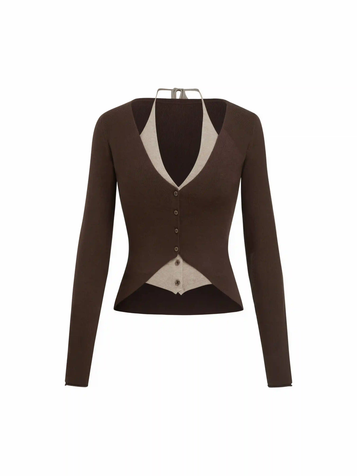 Knit Two Tone Halter Neckline Long Sleeve Button Top