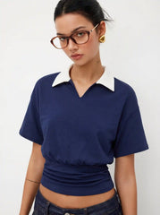 Cotton-blend Two-tone Collar Batwing Sleeve Shirred Hem Top