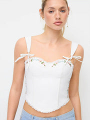 Cotton-blend Sweetheart Floral Embroidery Bowknot Cami Top