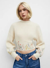 Knit High Neck Floral Embroidery Crop Top