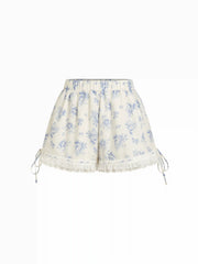 Cotton-blend Floral Lace Trim Ruffle Bowknot Bloomer Micro Shorts