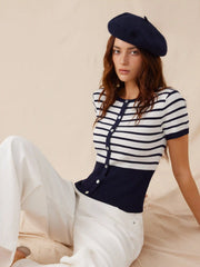 Knit Striped High Stretch Short Sleeve Cardigan With Pearl Buttons