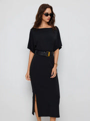 High Stretch Boat Neck Batwing Sleeve Straight Maxi Dress With Belt