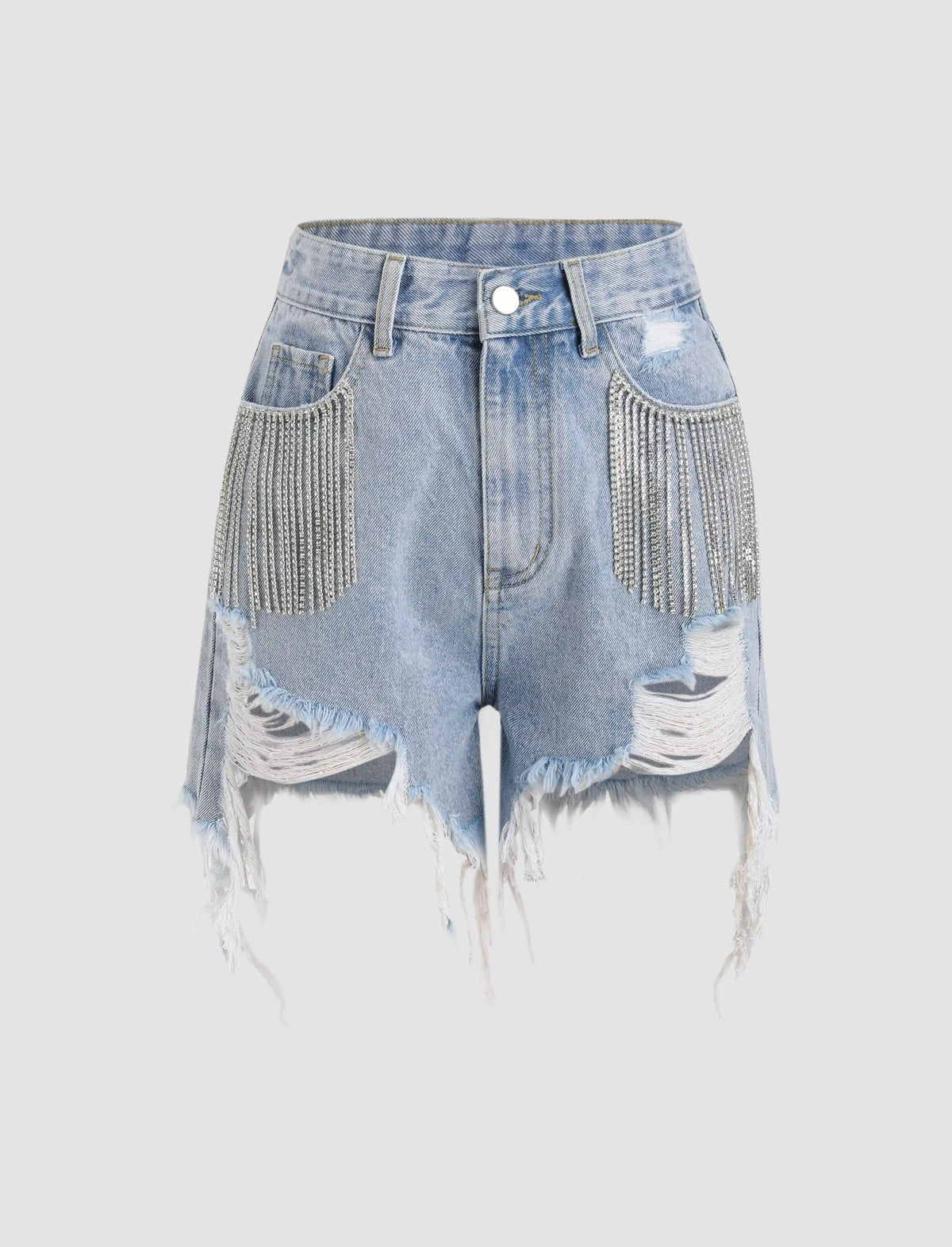 Diamond Tassels Ripped Denim Shorts