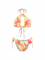 Halter Neckline Floral Ruched Lettuce Trim Tie Side Bikini Set