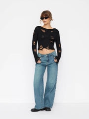 Knit Round Neckline Ripped See-through Top