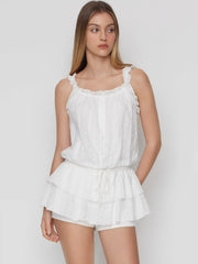 Cotton Square Neck Lace Textured Ruffled Drawstring Lettuce Trim Romper