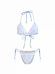 V-neck Toile de Jouy Lace Trim Triangle Bikini Set