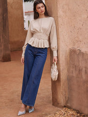 Round Neck Lantern Sleeve Pleated Peplum Blouse With Belt