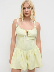 Embroidery Knotted Cut Out Ruffle Cami Romper