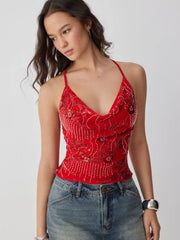 Mesh Sequin Beaded Cowl Neck Cami Top