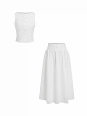 Linen-blend Button Detail Top & Mid Rise Shirred Flared Maxi Skirt Set