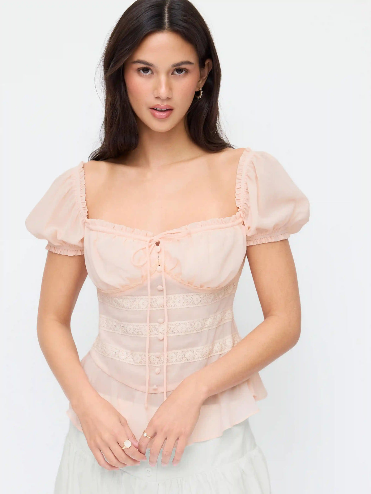 Chiffon Sweetheart Puff Sleeve Lace Panel Ruched Peplum Blouse