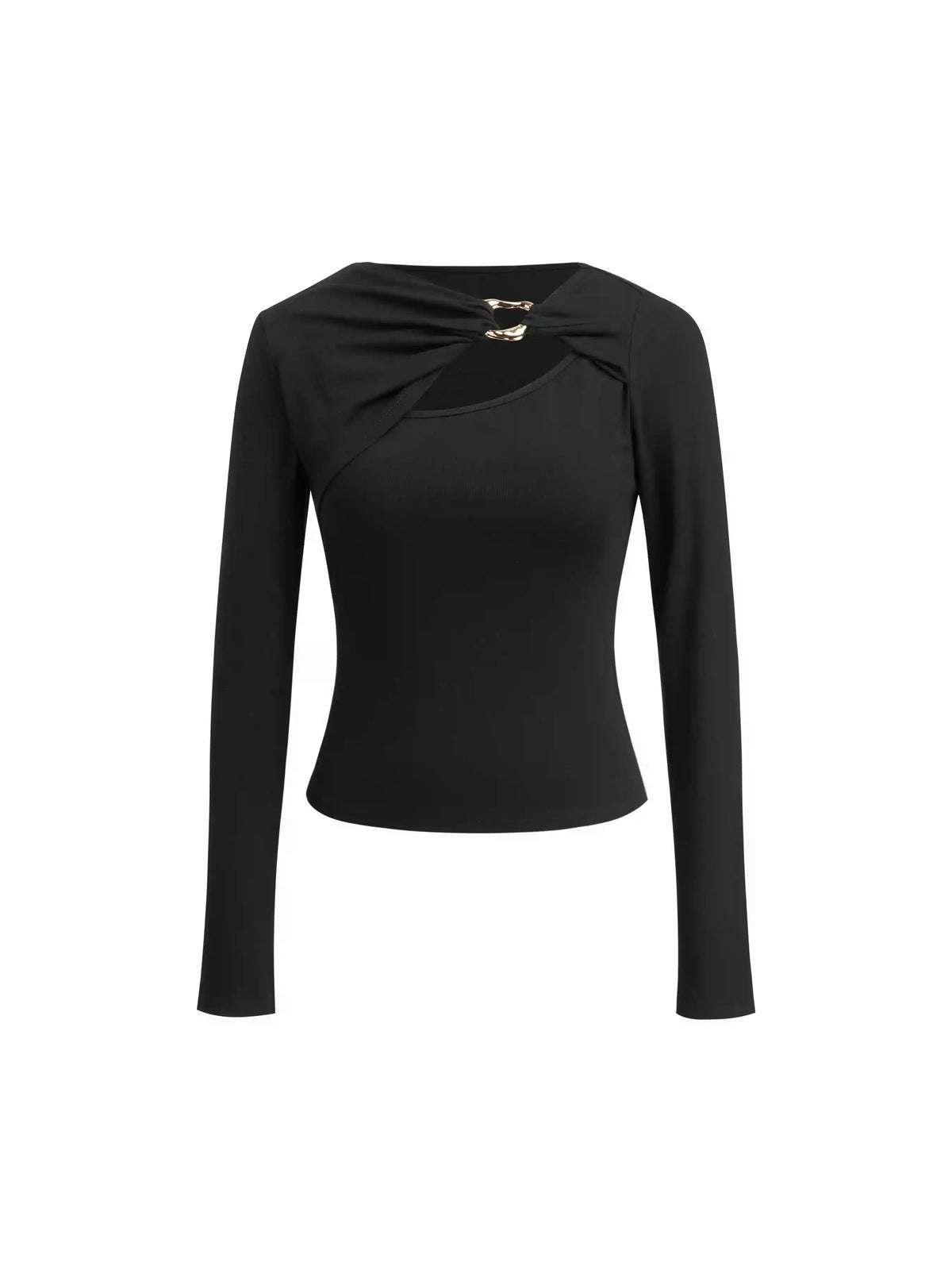 Asymmetrical Neck Long Sleeve Metal Detail Top