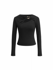 Asymmetrical Neck Long Sleeve Metal Detail Top