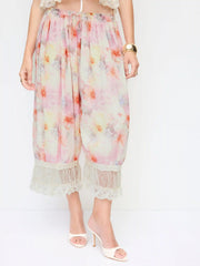 Chiffon Mid-Rise Abstract Print Lace Trim Bloomer Cropped Trousers