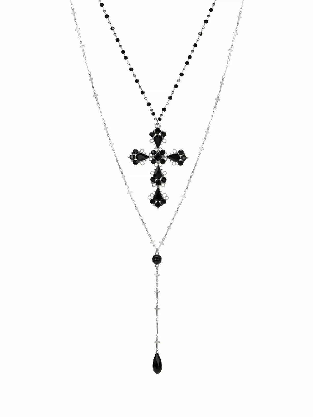 Y-SHAPED RHINESTONE CROSS LAYERED NECKLACE