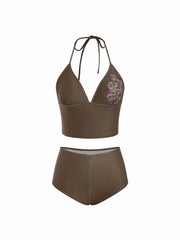 High Stretch Halter Neckline Floral Ruched Bikini Set