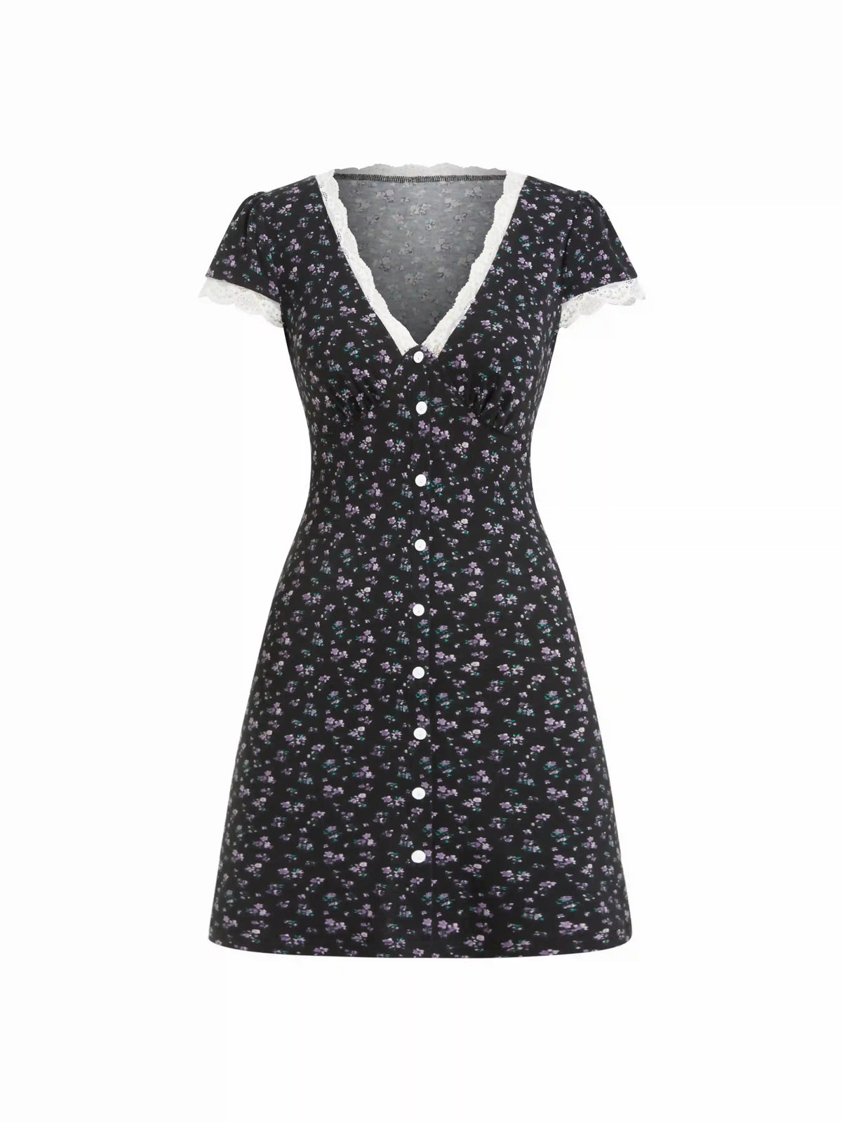 Ditsy Floral V-neck Lace Trim High Rise A-line Mini Dress